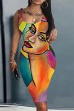 Casual Face Print U Neck Sleeveless Backless Vest Bodycon Tank Midi Dresses