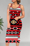 Casual Geometric Print U Neck Sleeveless Bodycon Midi Tank Dresses