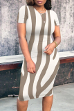 Casual Striped Print Contrast O Neck Short Sleeve Bodycon Midi Dress