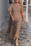 Casual O Neck Hubble-Bubble Sleeve Hollow Out Long Vacation Loose Midi Dresses