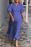 Casual O Neck Hubble-Bubble Sleeve Hollow Out Long Vacation Loose Midi Dresses