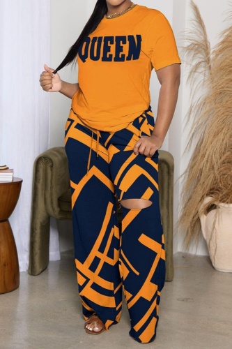 Casual Letter Print O Neck Short Sleeve Oversized T Shirt and Pant Set Two Piece Trouser Sets