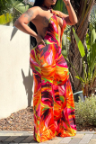 Casual Multicolor Print Sleeveless Backless Hollow Out Vacation Halter Wide Leg Jumpsuits