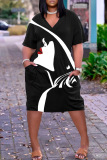 African Casual Face Print V Neck Short Sleeve Pocket Loose Plus Size Midi T-shirt Dress