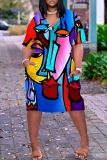 African Casual Face Print V Neck Short Sleeve Pocket Loose Plus Size Midi T-shirt Dress