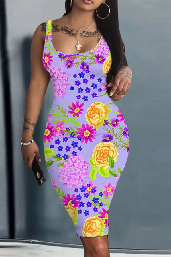 Casual Floral Print U Neck Vest Bodycon Tank Midi Dresses