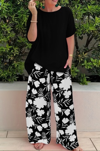 Casual Floral Print O Neck Short Sleeve Oversized Loose T Shirt And Wide Leg Pants 2 Piece Set Trousers