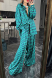 Casual Geometric Print Turndown Collar Long Sleeve Oversize Shirt And Wide Leg Pants Two Pieces Trouser Sets