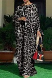 African Casual Leopard Print O Neck Long Sleeves Lace Up Long Loose Floor Length Maxi Dresses