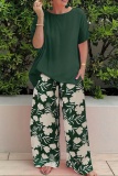 Casual Floral Print O Neck Short Sleeve Oversized Loose T Shirt And Wide Leg Pants 2 Piece Set Trousers