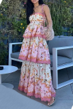 Casual Floral Print Strapless Sleeveless Ruffle Hem Cut Out Cake Skirt Birthday Patry Cami Maxi Dresses