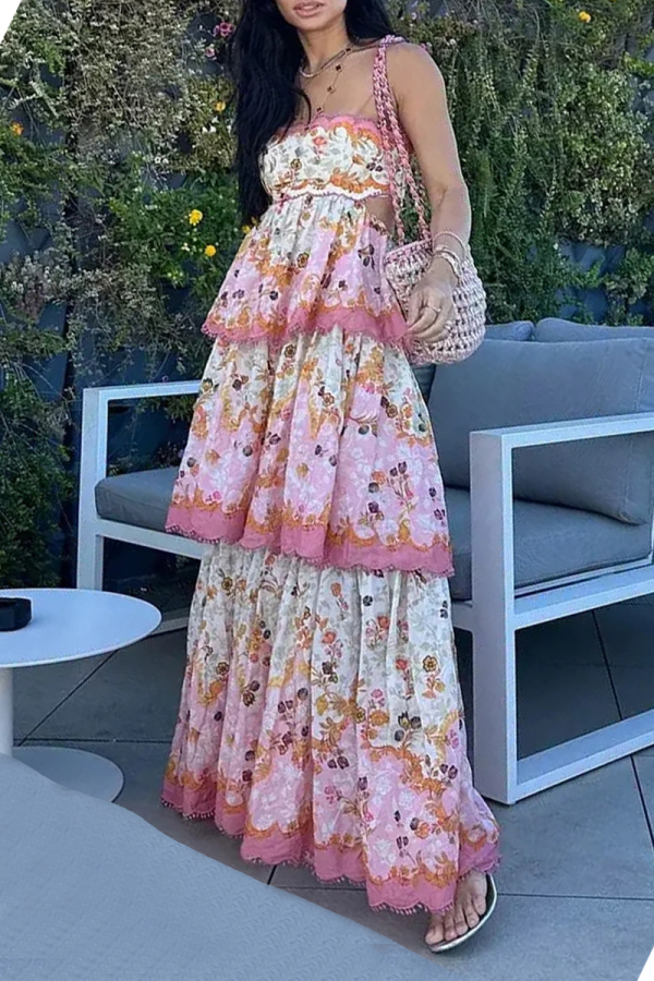 Casual Floral Print Strapless Sleeveless Ruffle Hem Cut Out Cake Skirt Birthday Patry Cami Maxi Dresses