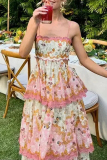 Casual Floral Print Strapless Sleeveless Ruffle Hem Cut Out Cake Skirt Birthday Patry Cami Maxi Dresses