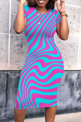 Casual Striped Print Contrast O Neck Short Sleeve Bodycon Midi Dress