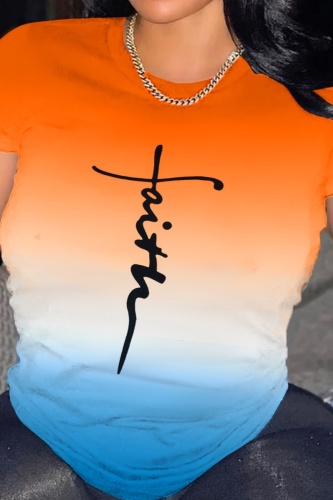 Casual Gradient Letter Print O Neck Short Sleeves Oversized T Shirt