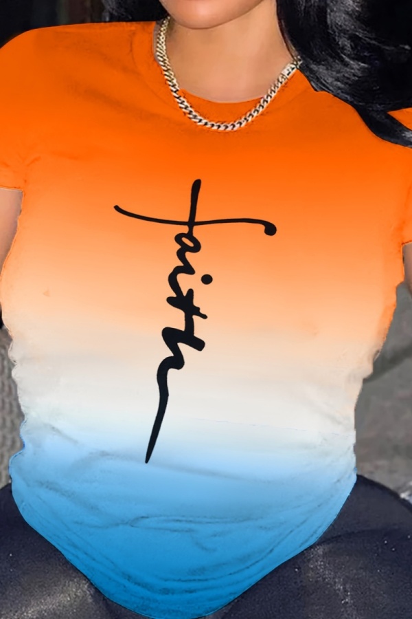 Casual Gradient Letter Print O Neck Short Sleeves Oversized T Shirt