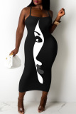 Sexy Face Print Backless Sleeveless Spaghetti Strap Cami Bodycon Midi Dresses