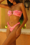 Sexy Floral Print Backless Lace Up Bikini Sets Vacation Beach Two Pieces Swimwears (With Paddings)