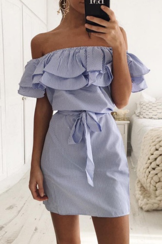 Casual Striped Print Backless Off Shoulder Ruffle Hem Wit Belt Vacation Midi Dresses