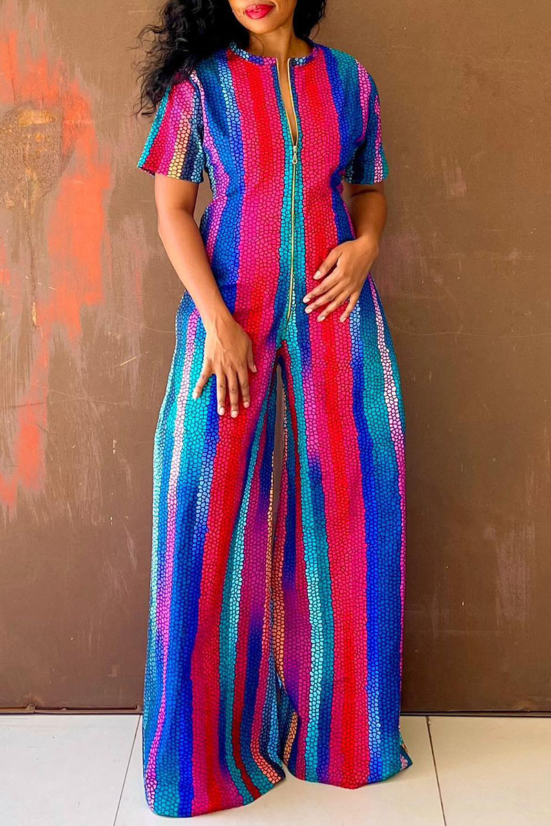 Loose Short Sleeve Shawl Collar Striped Fashion Long Jumpsuit main image 1