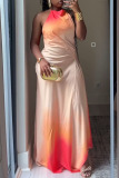 Casual Ombre Print Sleeveless Backless Contrast Irregular Hem Vacation Halter Maxi Dresses