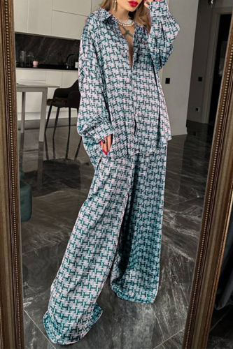 Casual Geometric Print Turndown Collar Long Sleeve Oversize Shirt And Wide Leg Pants Two Pieces Trouser Sets