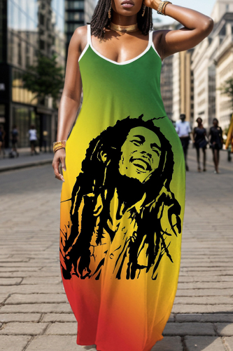 Sexy Casual Figure Print Backless Sleeveless Spaghetti Strap Long Loose Floor Length Cami Maxi Dresses