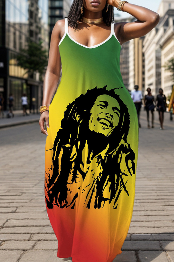 Sexy Casual Figure Print Backless Sleeveless Spaghetti Strap Long Loose Floor Length Cami Maxi Dresses
