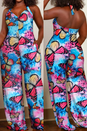 Sexy Casual Multicolor Print Backless Sleeveless Pockets Lace Up Halter Wide Leg Jumpsuits
