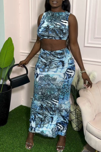 Sexy Casual Ombre Print O Neck Sleeveless Tank Crop Tops And Midi Skirt Sets Vacation Two Pieces Matching Sets