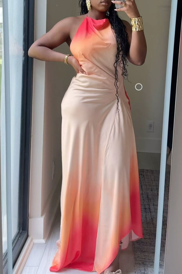 Casual Ombre Print Sleeveless Backless Contrast Irregular Hem Vacation Halter Maxi Dresses