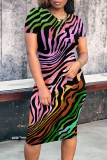 Casual Striped Print Contrast O Neck Short Sleeve Bodycon Midi Dress