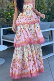 Casual Floral Print Strapless Sleeveless Ruffle Hem Cut Out Cake Skirt Birthday Patry Cami Maxi Dresses