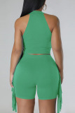 Green Casual Solid Tassel Patchwork O Neck Sleeveless Two Pieces