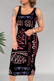 Casual Geometric Print U Neck Sleeveless Bodycon Midi Tank Dresses