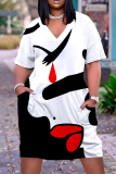 African Casual Face Print V Neck Short Sleeve Pocket Loose Plus Size Midi T-shirt Dress