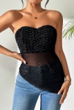 Sexy Backless Strapless Sleeveless Flowers Trim See-Through Irregular Hem Tube Tops