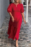 Casual O Neck Hubble-Bubble Sleeve Hollow Out Long Vacation Loose Midi Dresses
