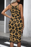 Casual Leopard Print U Neck Sleeveless Bodycon Midi Tank Dresses