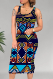 Casual Geometric Print U Neck Sleeveless Bodycon Midi Tank Dresses