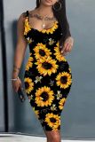 Casual Floral Print U Neck Vest Bodycon Tank Midi Dresses