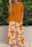 Casual Floral Print O Neck Short Sleeve Oversized Loose T Shirt And Wide Leg Pants 2 Piece Set Trousers