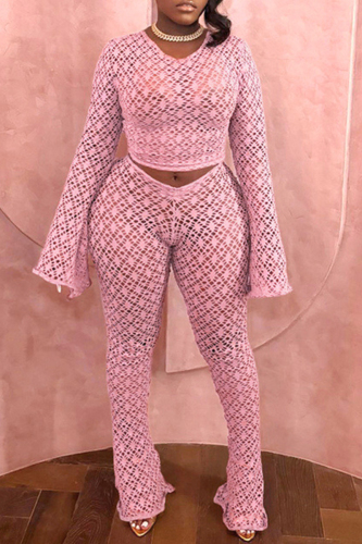 Knit O Neck Long Sleeve Hollow Out See-through Crop Tops And Flare Leg Pants Two Pieces Trouser Sets