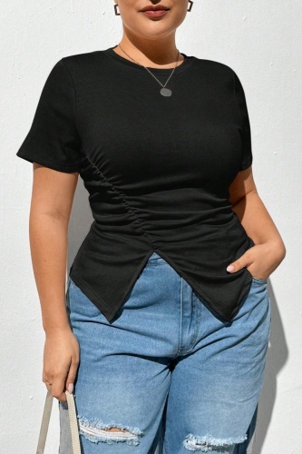 Casual O Neck Short Sleeve Front Slit Ruched Plus Size Fitted T Shirts