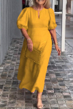 Casual O Neck Hubble-Bubble Sleeve Hollow Out Long Vacation Loose Midi Dresses