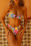 Sexy Floral Print Backless Lace Up Bikini Sets Vacation Beach Two Pieces Swimwears (With Paddings)