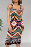 Casual Geometric Print U Neck Sleeveless Bodycon Midi Tank Dresses