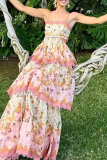 Casual Floral Print Strapless Sleeveless Ruffle Hem Cut Out Cake Skirt Birthday Patry Cami Maxi Dresses