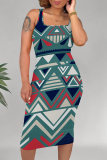 Casual Geometric Print U Neck Sleeveless Bodycon Midi Tank Dresses