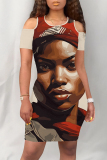 Casual Figure Letter Print O Neck Short Sleeve Cold Shoulder Bodycon Midi Dresses